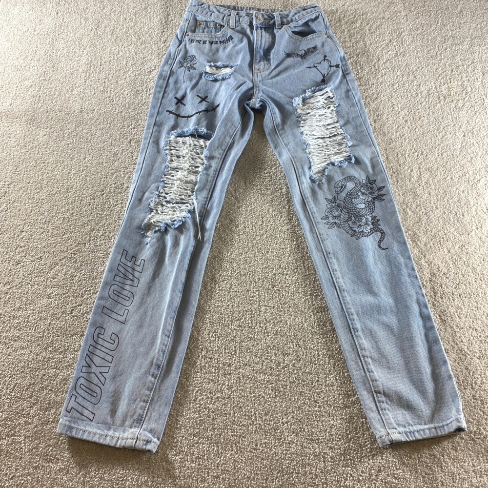 Adika Graphic Distressed Jeans Womens XS Light Blue Streetwear Toxic Love Tattoo